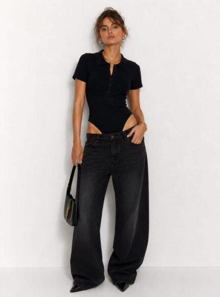 body polo en maille cotelee manches courte et coupe ajustee noir 6a9187da87e5d